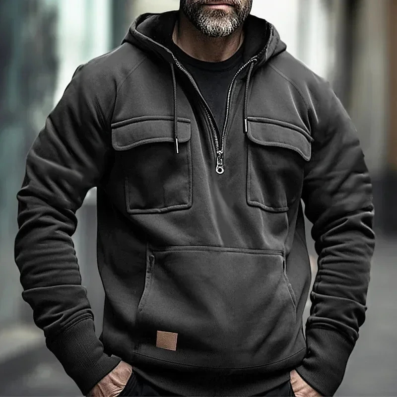 Half Zipper Mens Tactical Hoodies Solid Warm Fleece Military Sweatshirts Multi Pockets Male Hooded Jackets Thick Outdoor Polar 241214