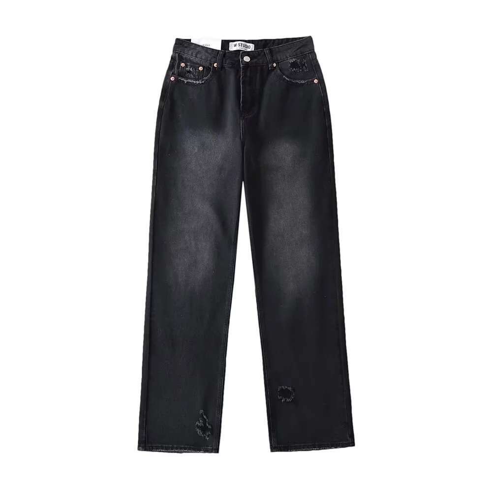 Spicy girl high waist, loose fit, slimming effect, straight jeans with holes in the back legs, women's summer vintage wide leg denim pants, 2024 