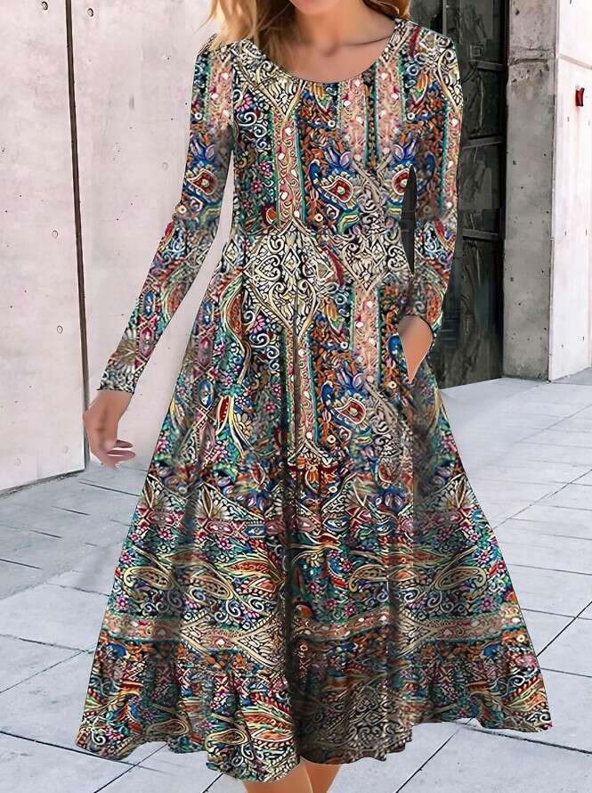 Summer European and American Round Neck Long Sleeve Loose Geometric Pattern Printed Large Pendant Dress 2024 Versatile New Trendy Clothing Ins