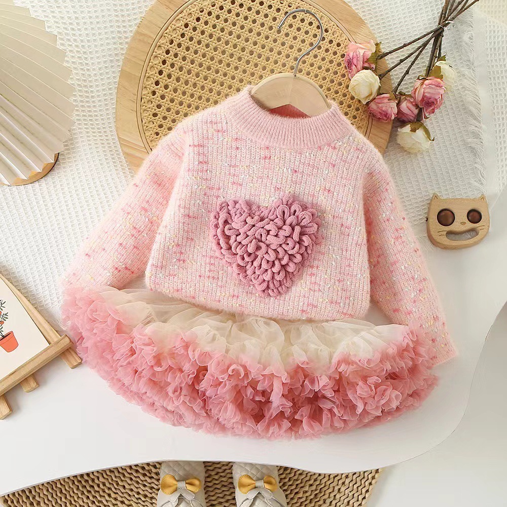 Girls Sweater Round Neck Knitted Base Sweater Love Color Sweet Plush Thick Childrens Knitted Sweater 220326