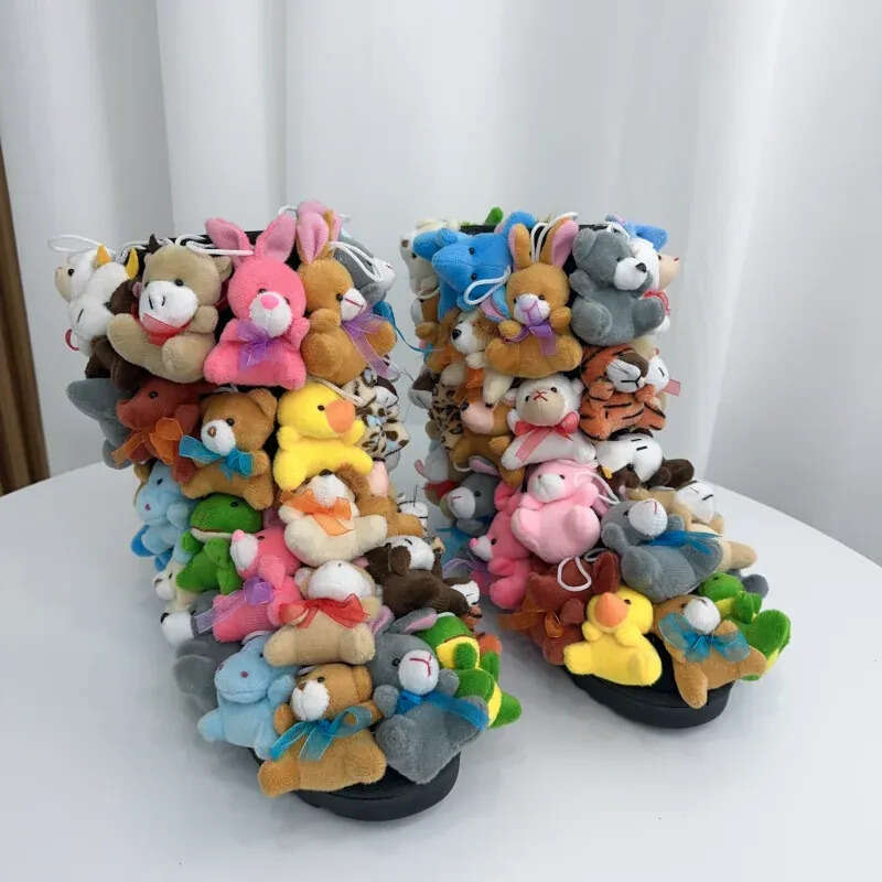 Teddy Covered In Stuffed Animals Winter Snow Women Fluffy Middle Calf Platform Flat With Cute White Boots