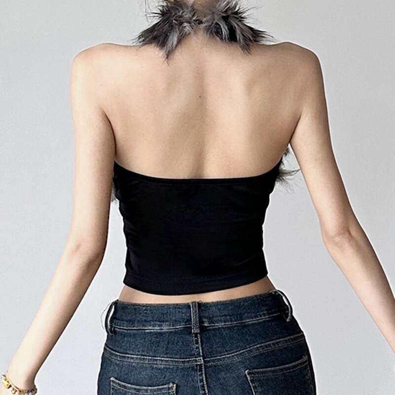 Street Spicy Girl Wind Hair Splicing Hanging Neck Hollow Vest For Women's Winter Slim Fit Sexy Backless Base Shirt, Fashionable Quality Classic B