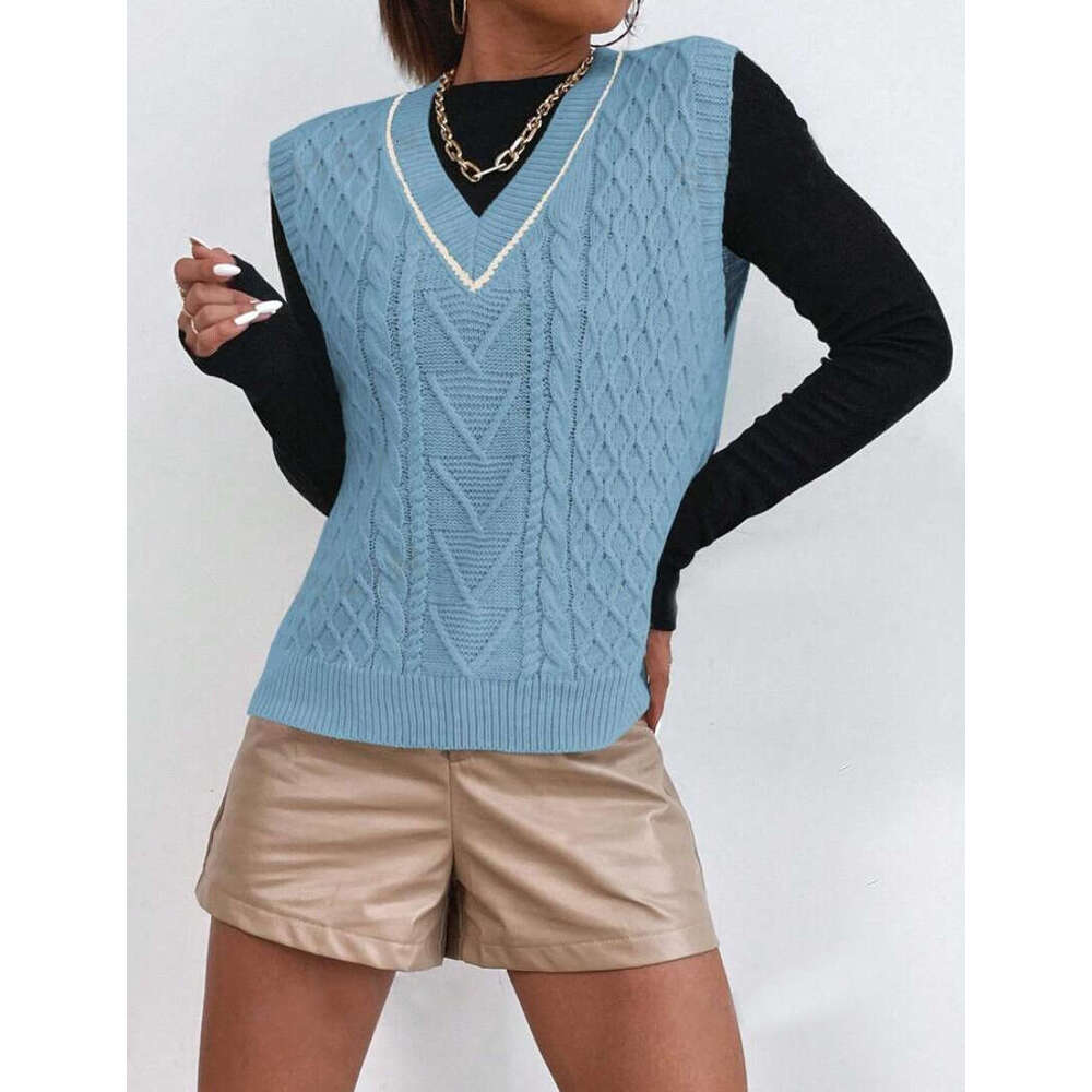 European And American Autumn Clothes Women's Knitted Sweater Short Top Vest V-Neck Sleeveless Fashion Quality Classic