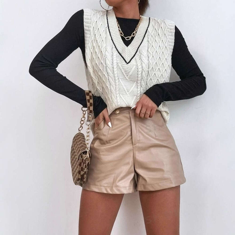 European And American Autumn Clothes Women's Knitted Sweater Short Top Vest V-Neck Sleeveless Fashion Quality Classic