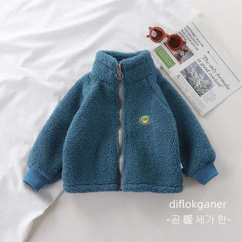Autumn and Winter Childrens Coat Long-Sleeved Thickened Warm Lambswool Boys and Girls Solid Simple Casual Coral Fleece JacketXJ241214