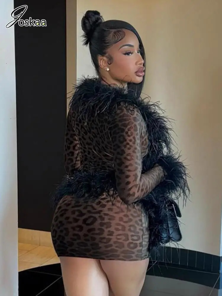 Joskaa Leopard Print 2 Piece Sets Women Sexy Furry Collar Long Sleeve Lace-Up Tops and Mini Skirts Matching Midnight Clubwear 241216