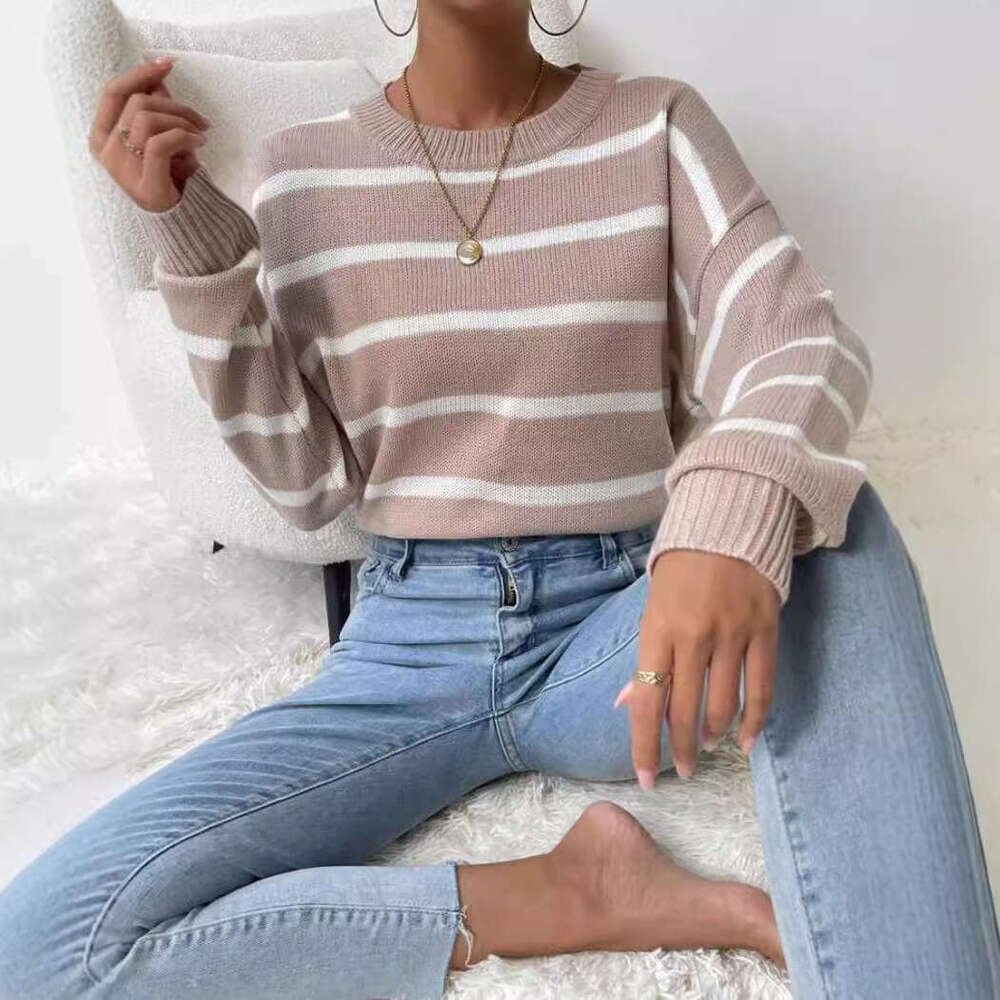 European And American Short Sleeved Cross-Border New Round Neck Striped Pullover Clothes Autumn Women's Fashion Quality Classic