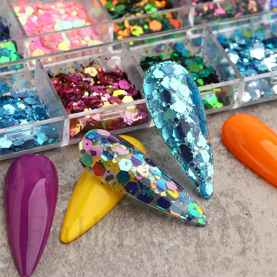Mirror Iridescent Nail Art Sequins Holographic Mixed Hexagon y Glitter Powder Flakes Sparkly Spangles Manicure LAGB 241213