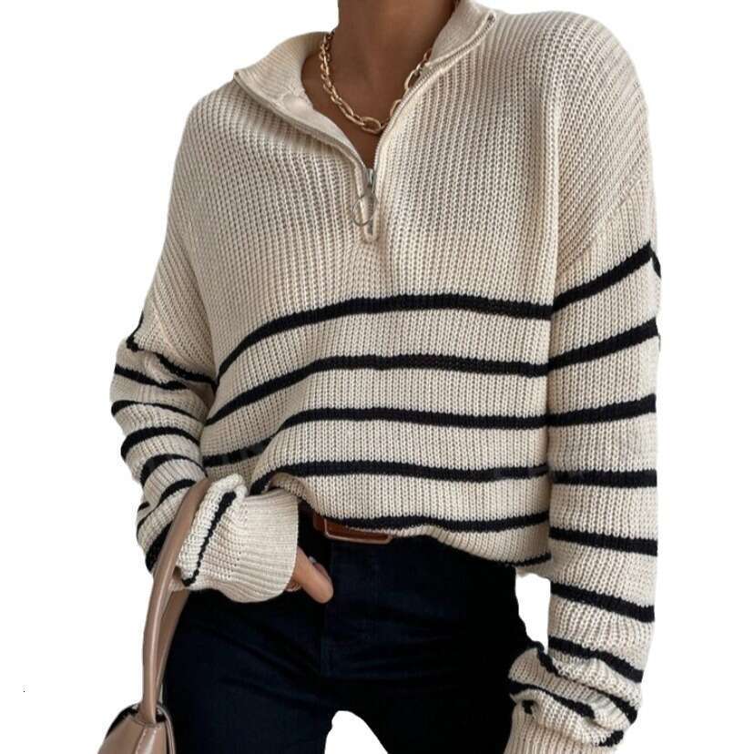 Foreign Trade Sweaters, Pullovers, Half Zipper Striped Long Sleeved Knitwear, Loose Fitting Tops, Women's Fashionable Quality, Classic