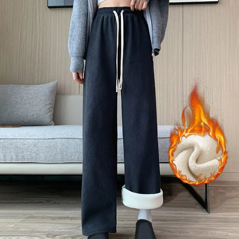 Warm and Thick Corduroy Mens Winter Straight Pants Wide Leg Sports Plush High Waist Casual Womens 241212