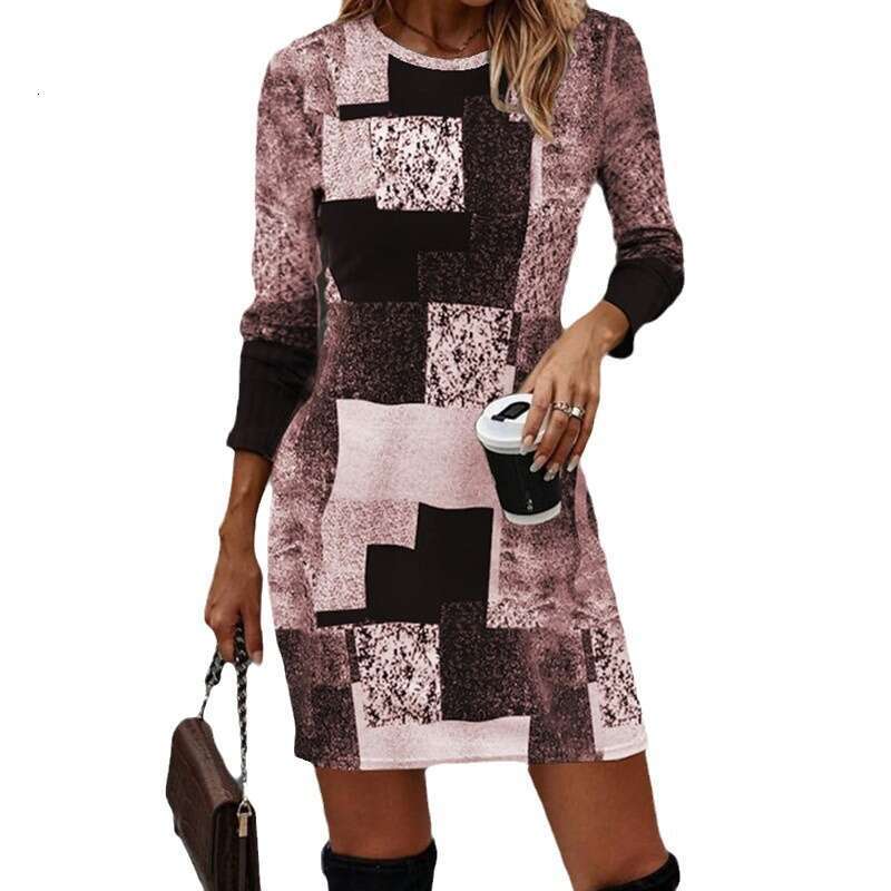 European American Spring and Autumn Geometric Printed Round Neck Long Sleeve Dress 2024 New Casual Versatile Fashion Clothing