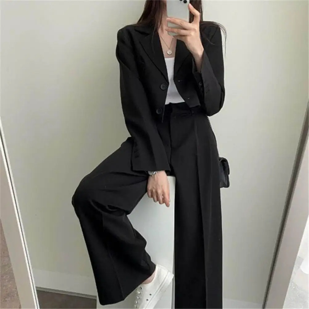 Women Cropped Blazers Pants Twopiece Set Korean Fashion Button Up Suit Jacket Wide Leg Casual Lady Blazer Coat 241212