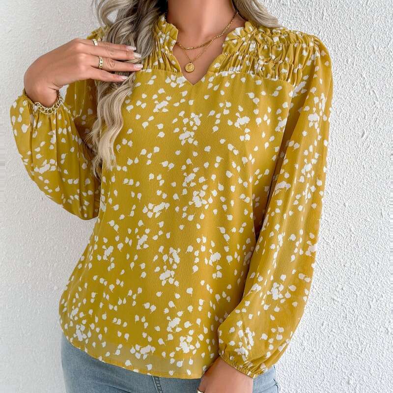 European And American Spring/Summer New Women's Commuting Top V-Neck Long Sleeved Polka Dot Printed Pleated Shirt