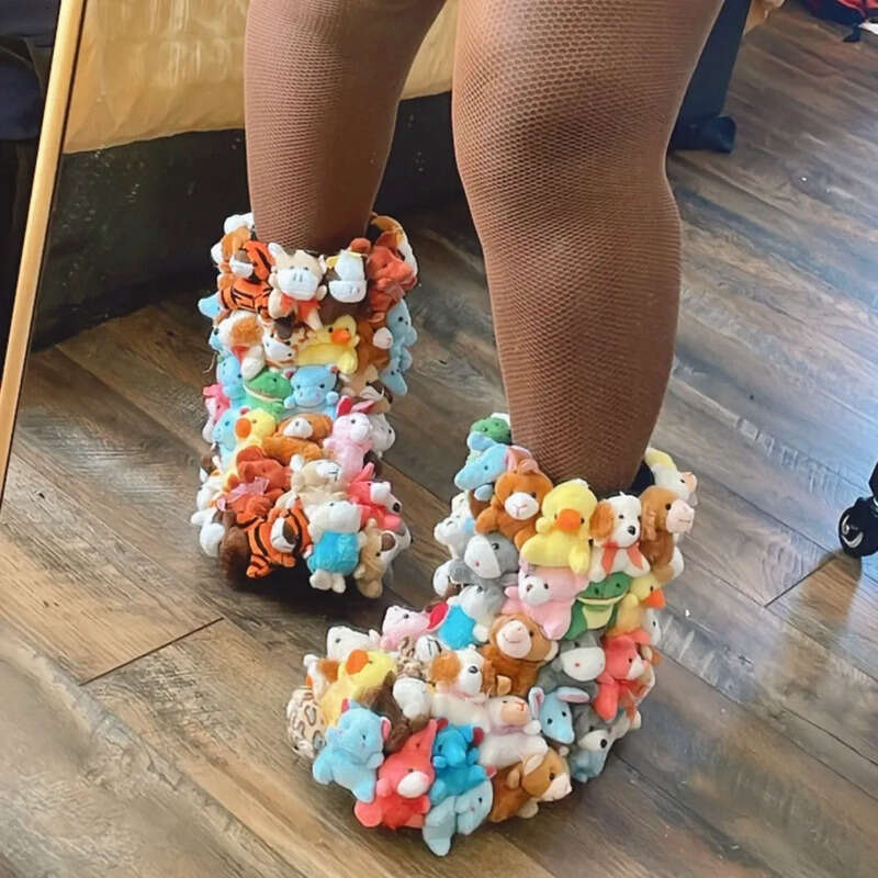 Teddy Covered In Stuffed Animals Winter Snow Women Fluffy Middle Calf Platform Flat With Cute White Boots