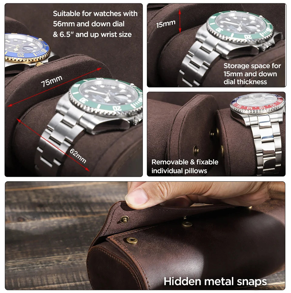 Vintage Watch Roll Travel Case Genuine Leather Handmade Display Box 1/2/3/6/8 Slots Wrist Watches Jewelry Storage Pouch 241216