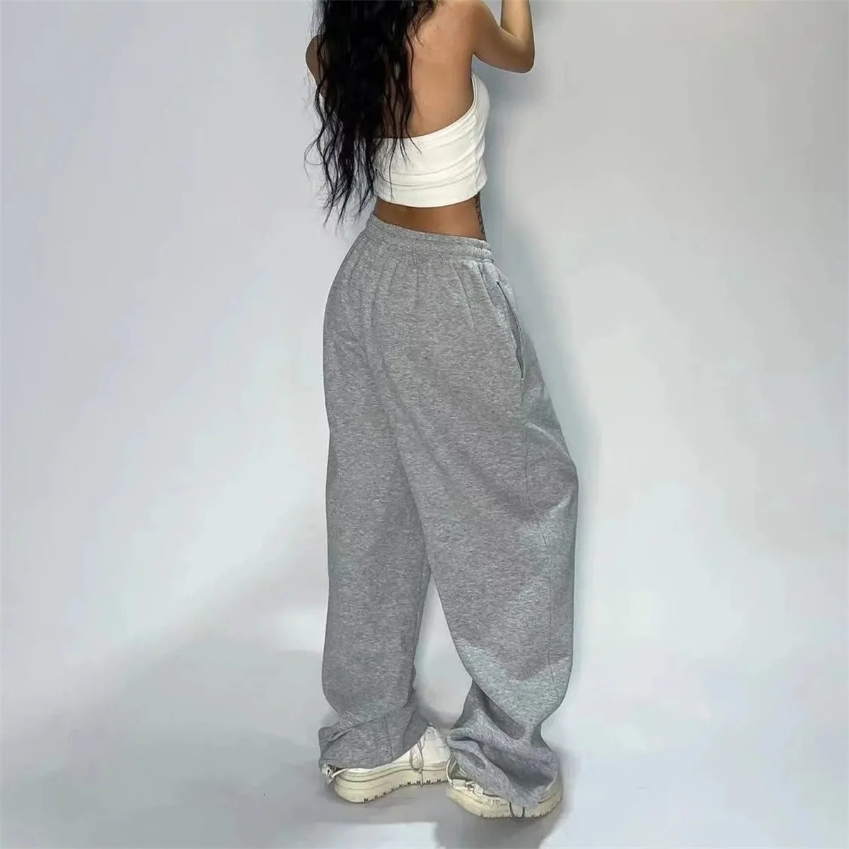 Solid loose sports pants for women wide leg Y2K American retro jogger pocket hiphop oversized Trouser streetwear 241212