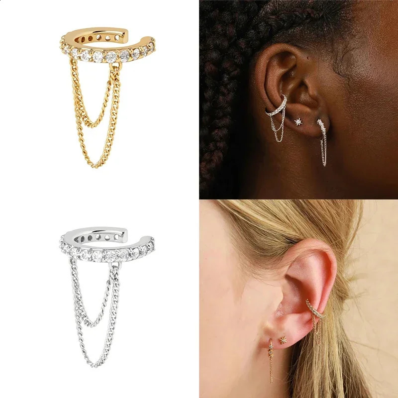 VAL 925 Sterling Silver White Zircons Pave Chain Tassel Ear Cuffs For Women Non Pierced Oval Crystal Crown Shape Clip Earrings 241214