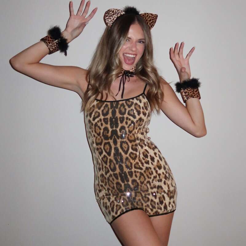 Sexy Women's Halloween Leopard Print Sequined Strapless Camisole Shorts Sexy Backless Jumpsuit Fashionable Quality Classic B4