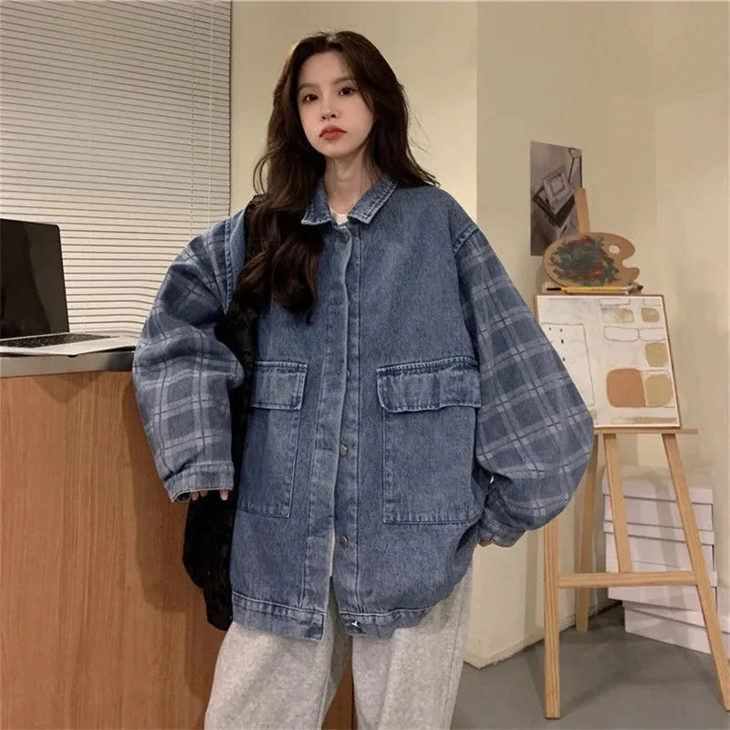 Winter cashmere denim coat womens medium to long Korean version loose and fashionable commuting show thin thick warm cotton 241211