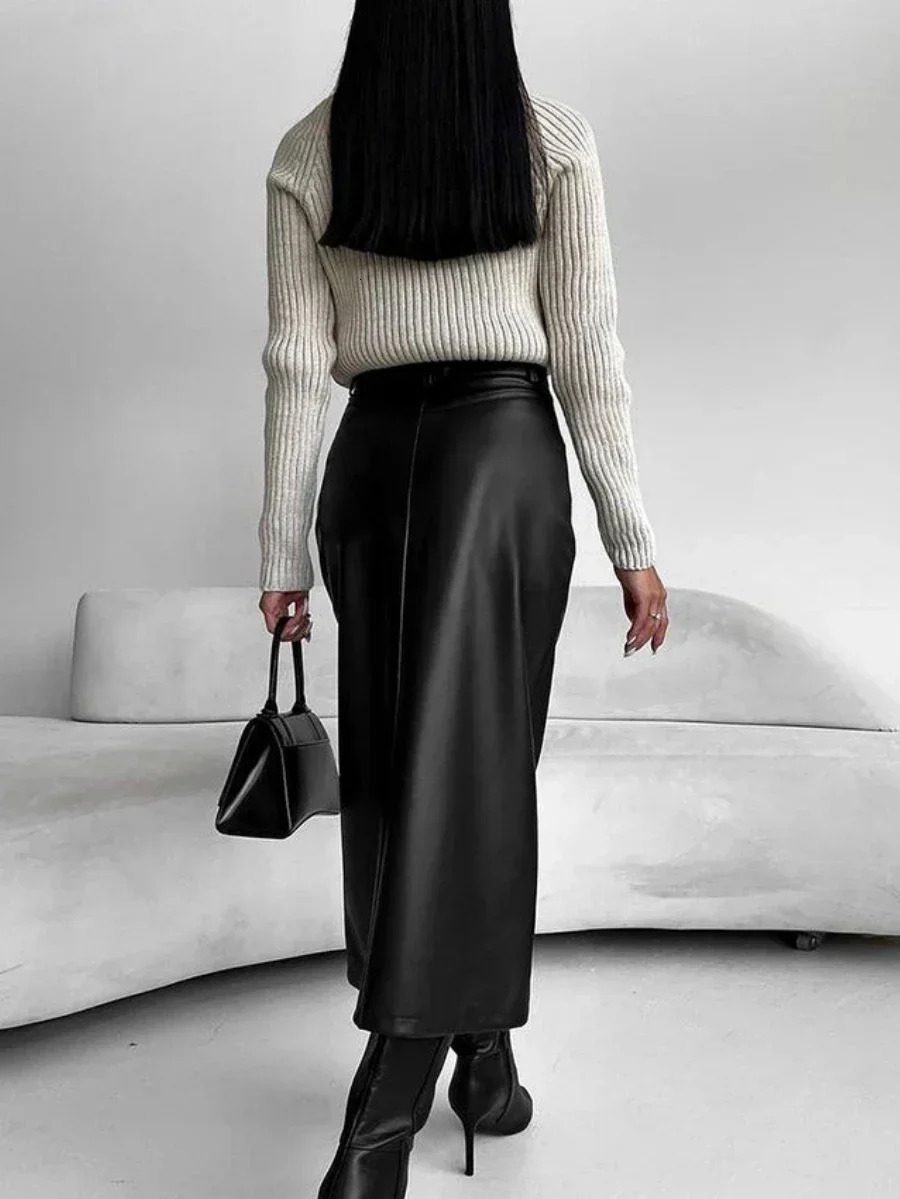Wolfeel Retro Velvet PU Leather Skirt Split Womens Autumn/Winter Fashionable Office Lady High Waist Leather Skirt 241214