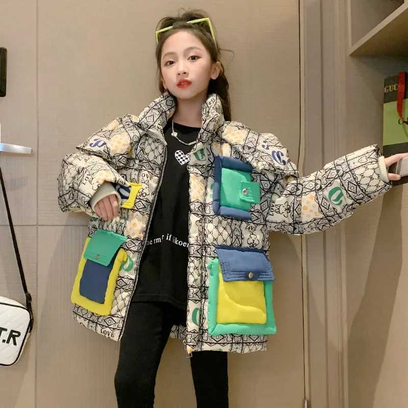 Winter Junior Girls Parkas Cotton Padded Printed Patchwork Toddler Kids Girl Outerwear Loose Contrast Pockets Baby Girls JacketsXJ241214