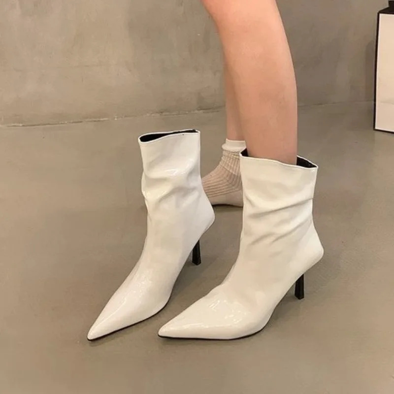 Red Patent Leather Female High Heels 2024 Autumn Sexy Pointed Toe Women's Ankle Boots Solid Color Simple Stiletto Shoes Atos