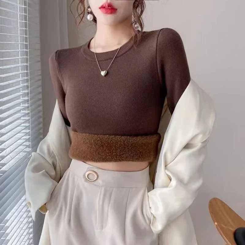 Womens Oneck velvet thick sweater ultrathin in winter warm long sleeved knitted top casual plush lining soft floral womens 241211