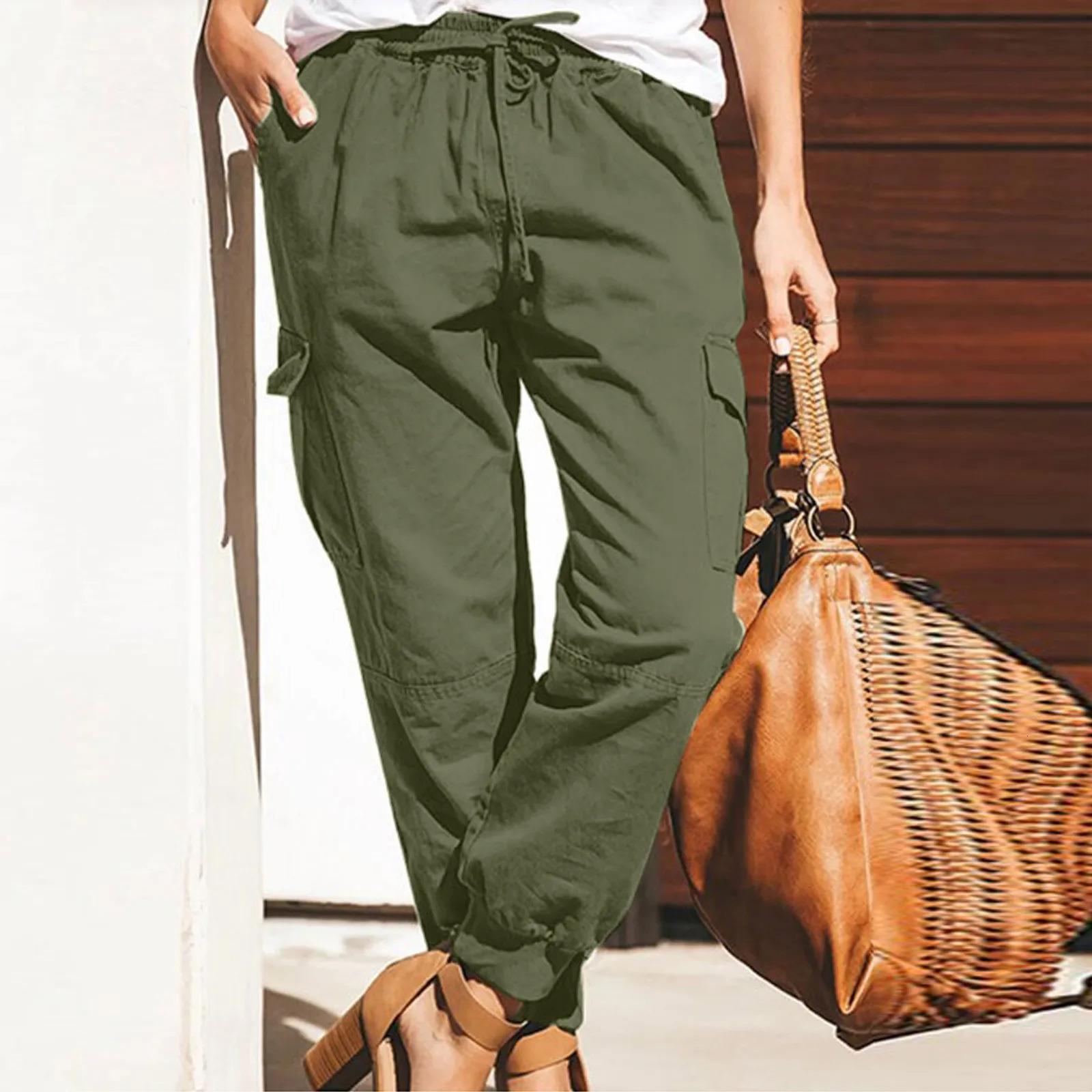 Womens retro casual pocket cargo pants fashionable solid color loose 241212