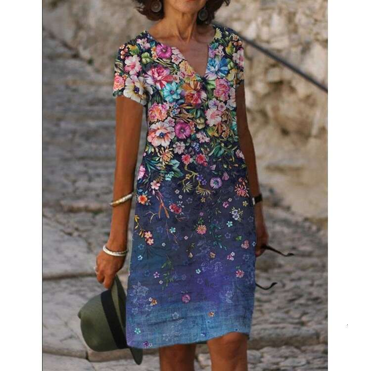 European and American Women's Spring/Summer Style Positioning Printed V-neck Short sleeved Dress 2024 New Casual Versatile Fashion Clothing