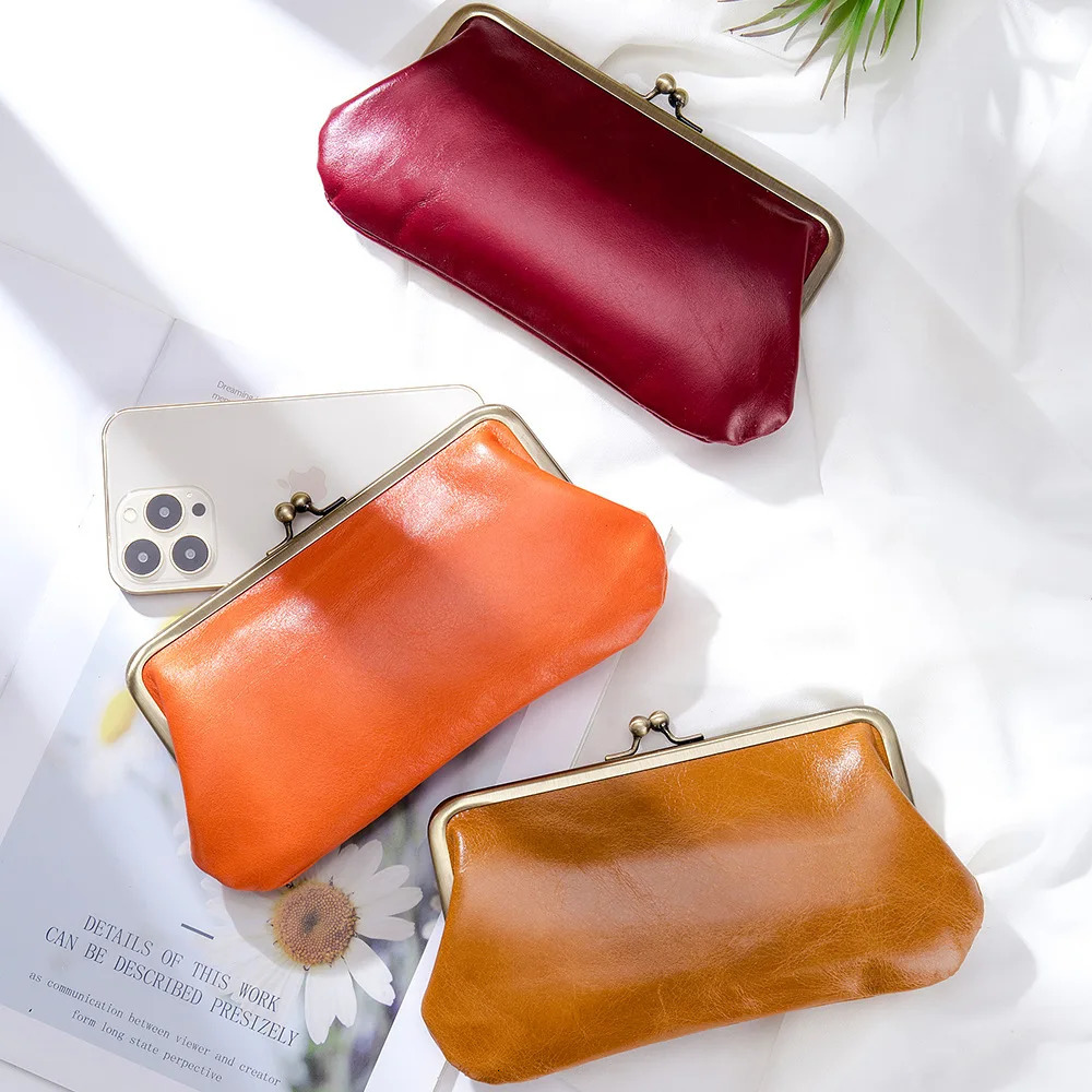 Kisslock womens wallet genuine leather womens wallet long clutch bag Laides long clip cow leather mobile phone wallet 241212