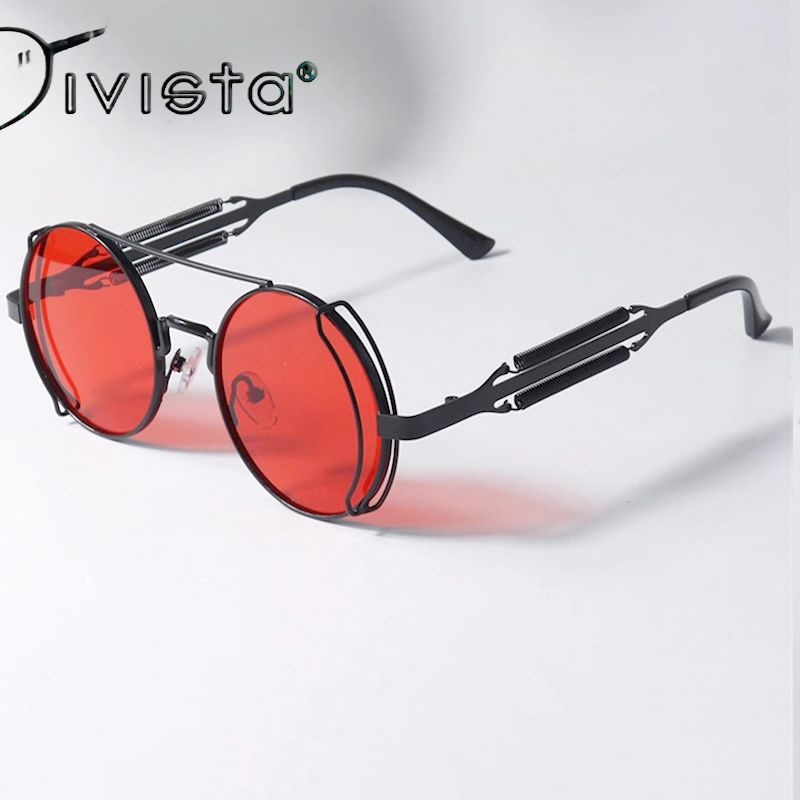 Round Steampunk Sunglasses Mens Hollow Double Spring Y2K Red the future is hopeful Frame Cyberpunk Sun Glasses Futuristic Personalized Cool IVISTA