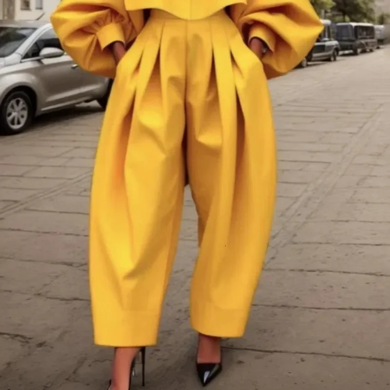Beautyblue Elegant Womens Sets Yellow Two Piece Set Casual Buttoned Pleated Lapel Blouses Pockets Trousers Female Suit 241212