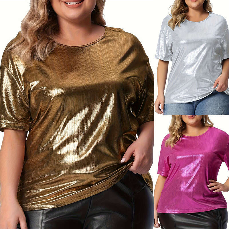European and American summer loose fit plus round neck solid color gold powder short sleeved T-shirt 2024 temperament versatile new trend clothing ins