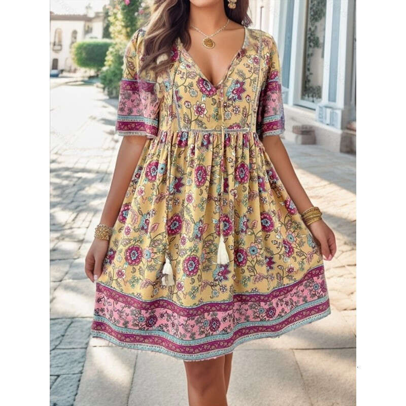 European and American women's Shein spring/summer leisure vacation printed short sleeved dress 2024 temperament versatile new trend clothing ins
