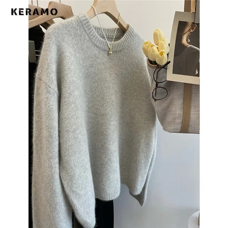 2024 Autumn Winter Elegant Retro Grey Vneck Knitted Long Sleeve Gyaru Floral Womens Casual Solid Color Sweater 241211