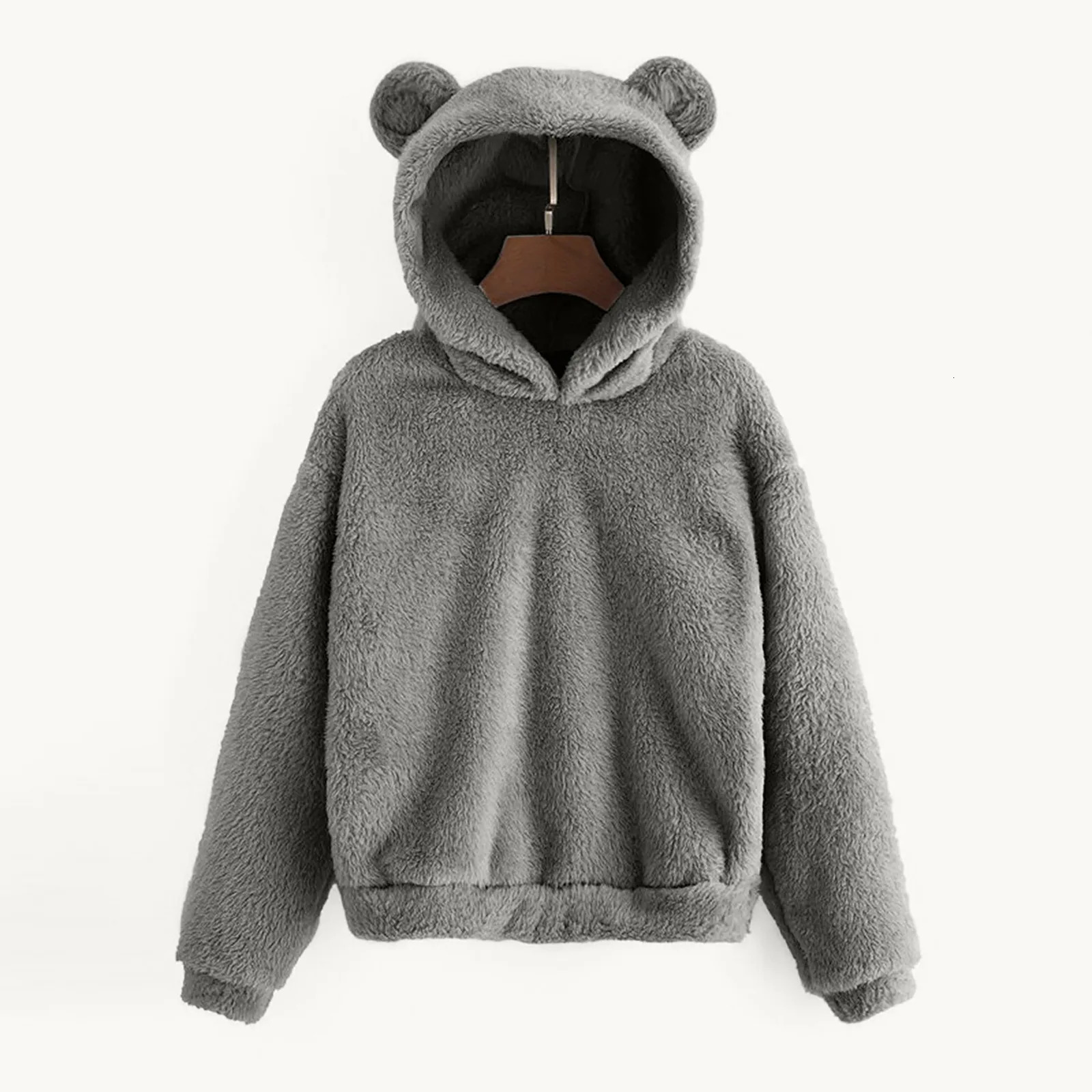 Womens Pullover Long Sleeve Fleece Sweatshirt Warm Bear Shape Fuzzy Hoodie Sweater Pullover 241214