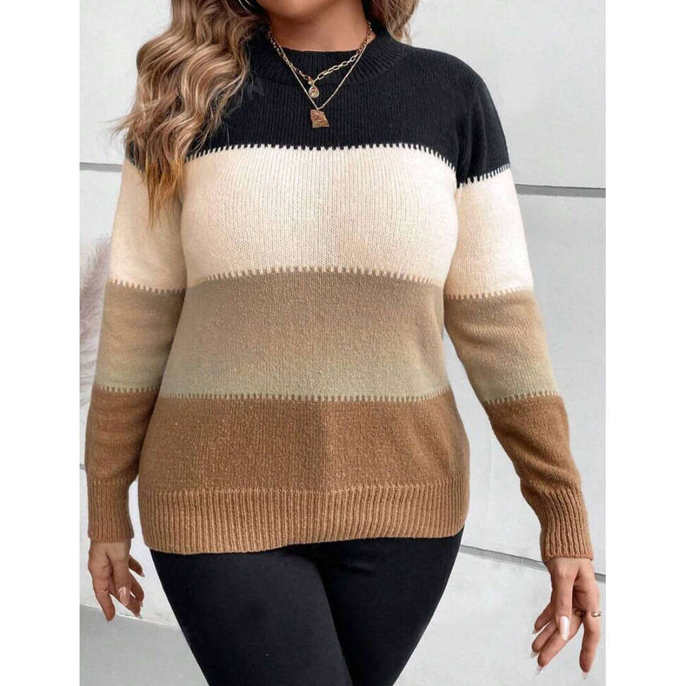 Autumn Clothes Women's Contrasting Color Cross-Border Pullover Round Neck Long Sleeved Knitted Sweater Casual Versatile