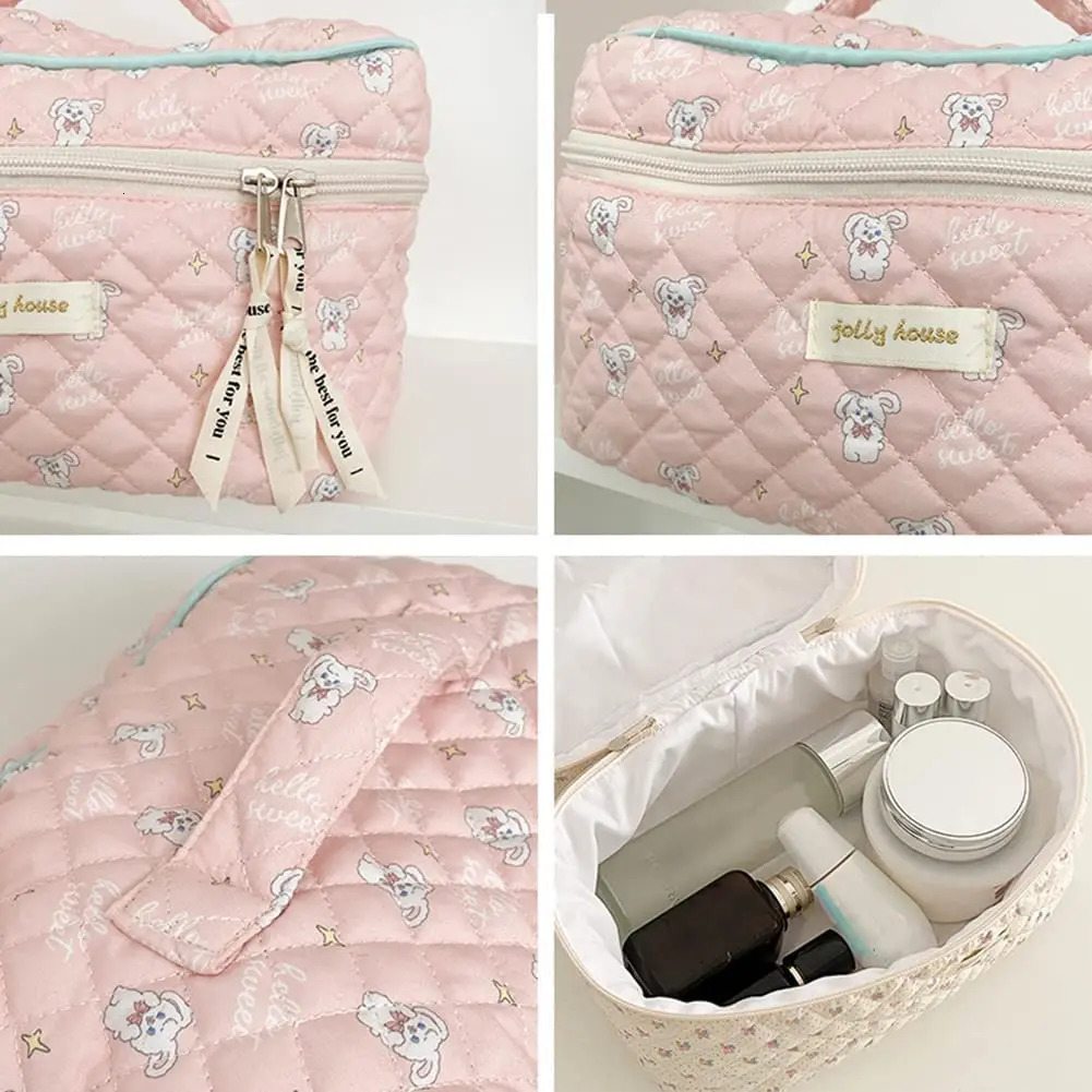 Floral Cotton Makeup Bag Large Capacity Travel Cosmetic Bag Quilted Pouch Coquette Aesthetic Toiletry Women Girls Ladies Storage 241212