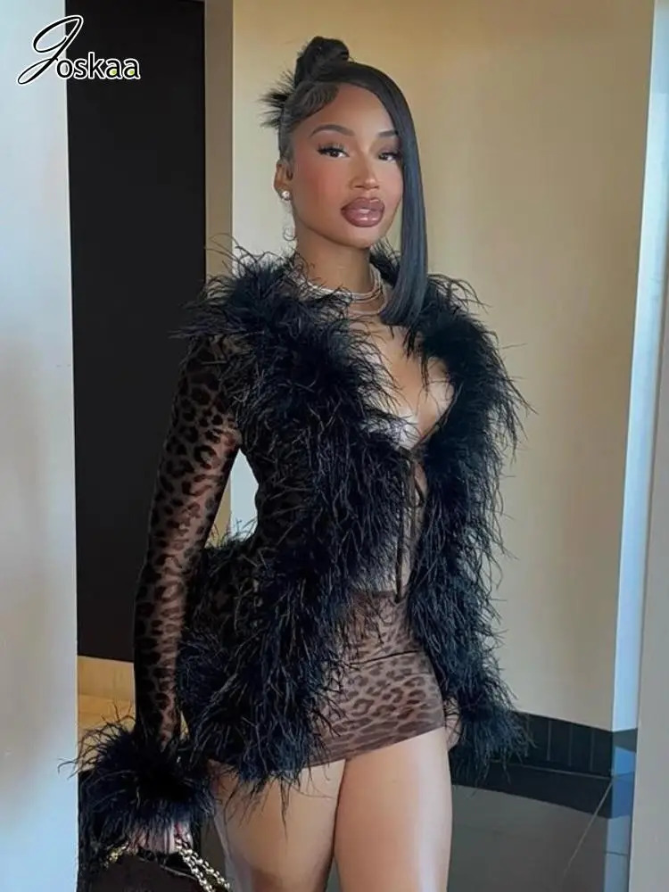 Joskaa Leopard Print 2 Piece Sets Women Sexy Furry Collar Long Sleeve Lace-Up Tops and Mini Skirts Matching Midnight Clubwear 241216