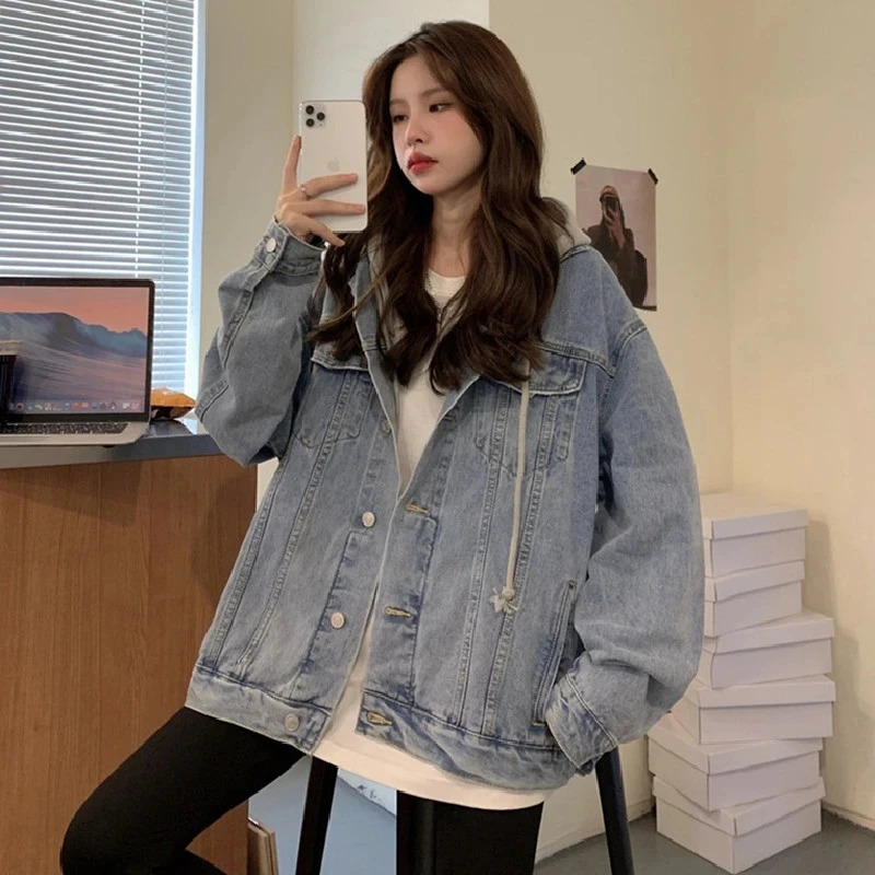 2025 Hooded Denim Jacket Womens Full Sleeve Splicing Loose Jeans 241211