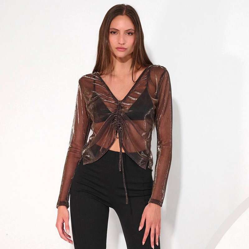 Summer New European American Women's Wear Solid Color Perspective Mesh V-Neck Front And Back Butterfly Short Top For Women