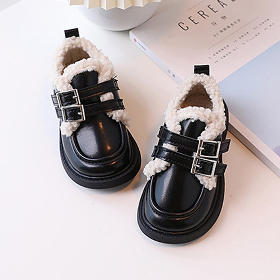 Children Leather Shoes Loafers for Boys Girls Winter Thick Soled Lamb Wool Warm Happysteps Girl Uniform Princess School Cotton Shoes Plush PU Sizes US