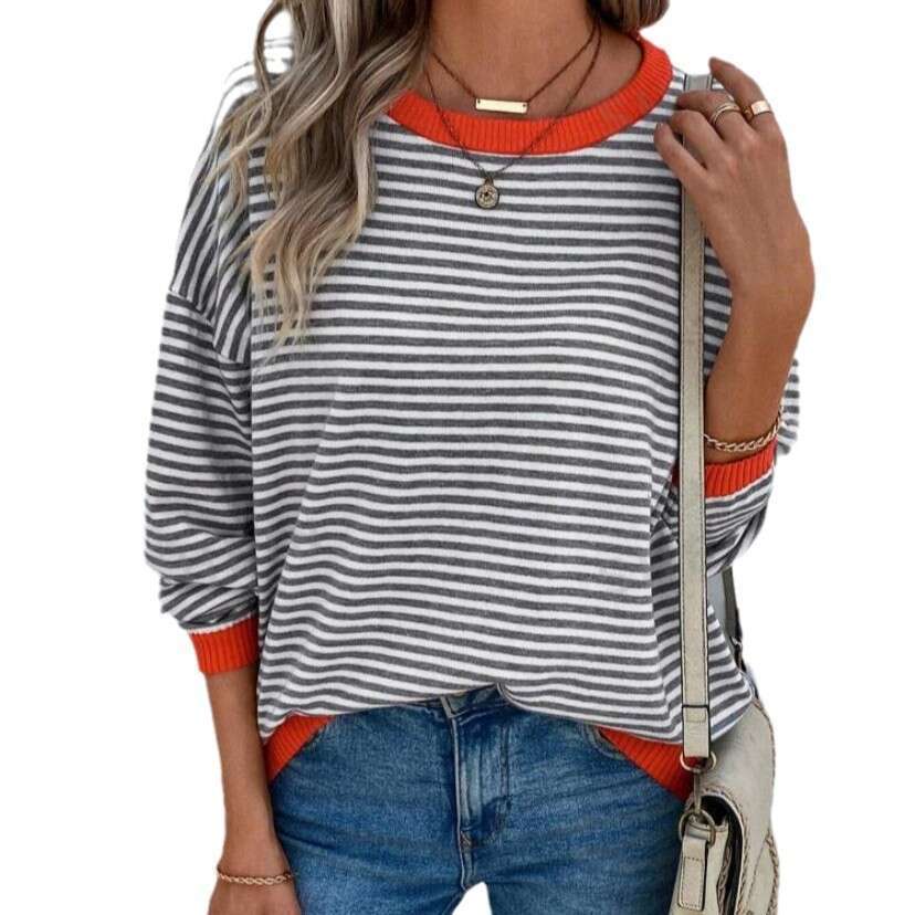 European And American Autumn Clothing, Striped Round Neck Contrasting Color, Shoulder Down Long Sleeved Knitted Sweater, Women's Fashion Quality 