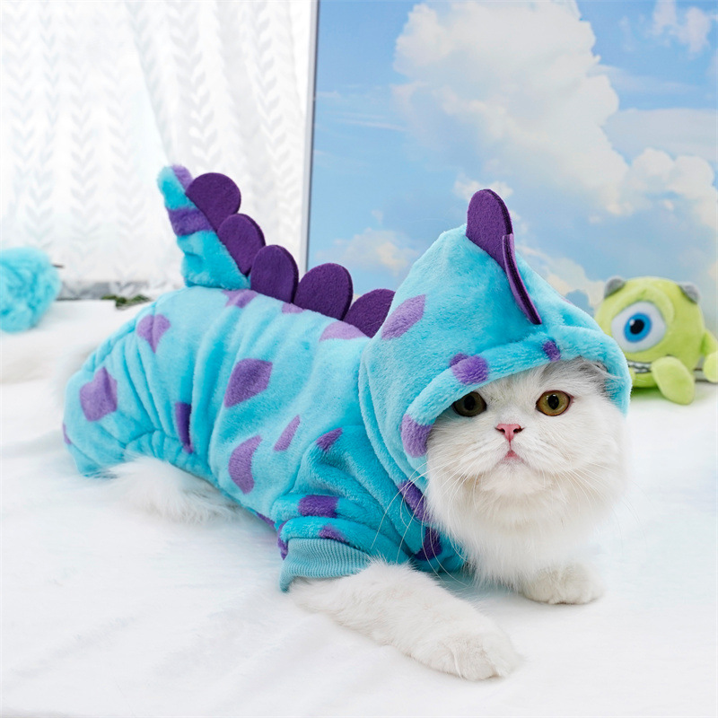 Pet Clothing Dog Cat Autumn and Winter Thickened Warm Blue Dinosaur Hooded Coat Puppy Costume For Small Medium Dogs Free shipping