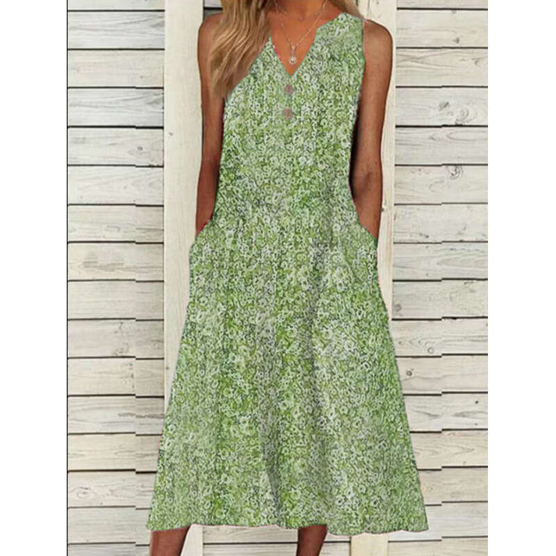 European and American summer digital print V-neck ral long loose sleeveless women's dress 2024 new casual versatile fashion clothing