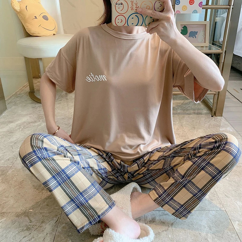 Summer pajama set for girls short sleeved Tshirt plain weave pants sweet home women casual n sleepwear 241212