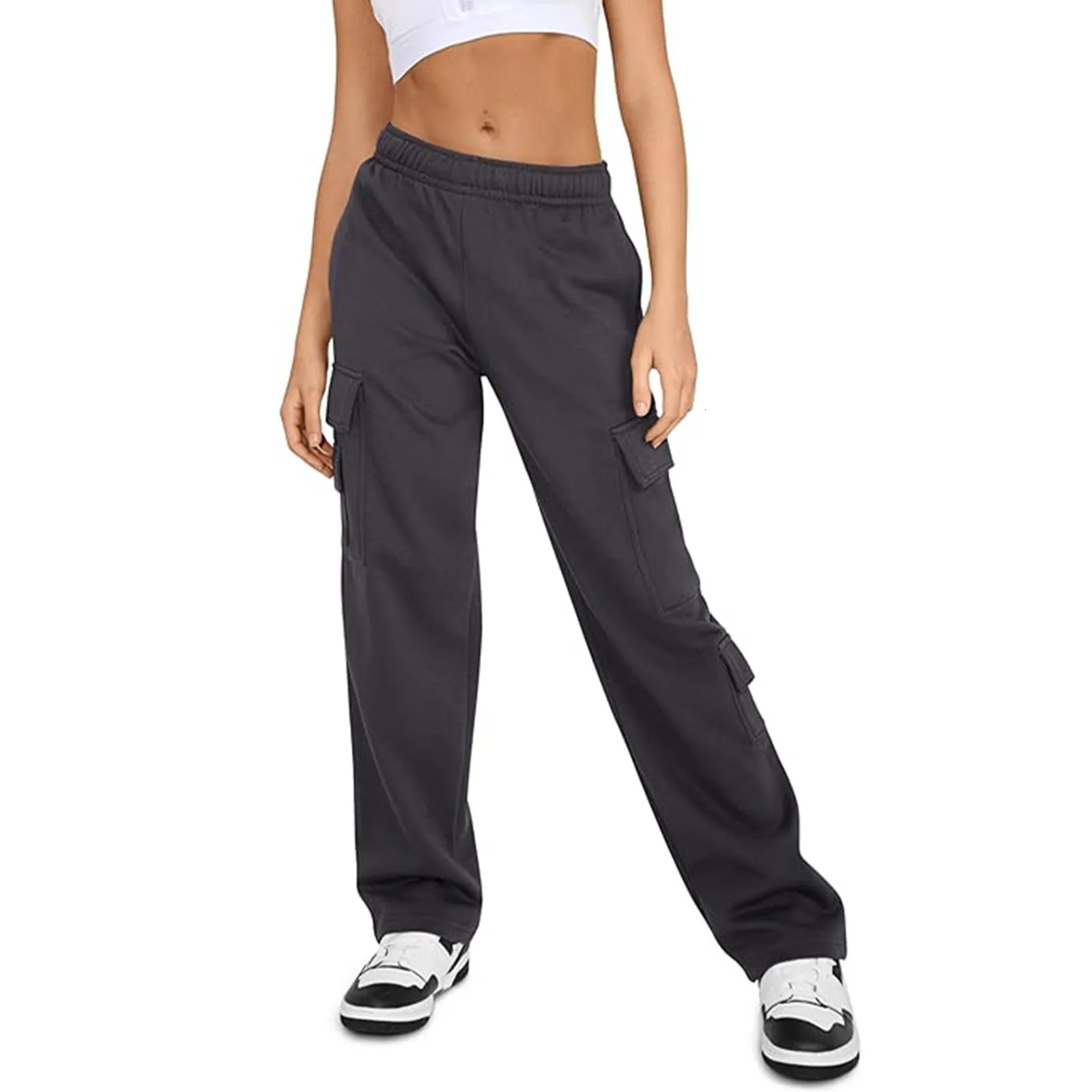 Fall Winter Womens Cargo Casual Pants Baggy Wide Leg Fleece Lined Sweatpant High Waisted Joggers Trouser With Pockets 241212