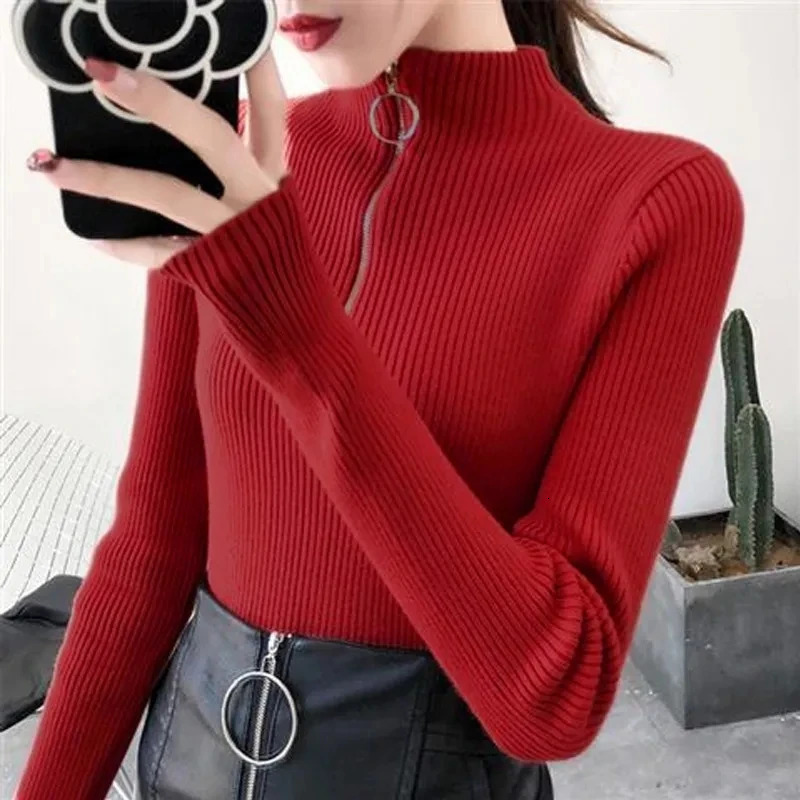 Knitted womens zipper semi high neck sweater with floral pattern basic for autumn and winter ultrathin solid knitted top 241211