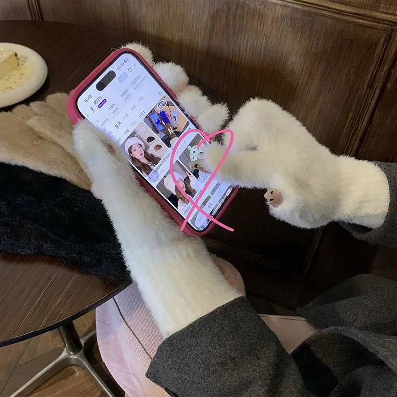 Korean INS long cashmere touch screen exposed finger gloves for winter warmth elastic soft full plush artificial fur knitted 241212