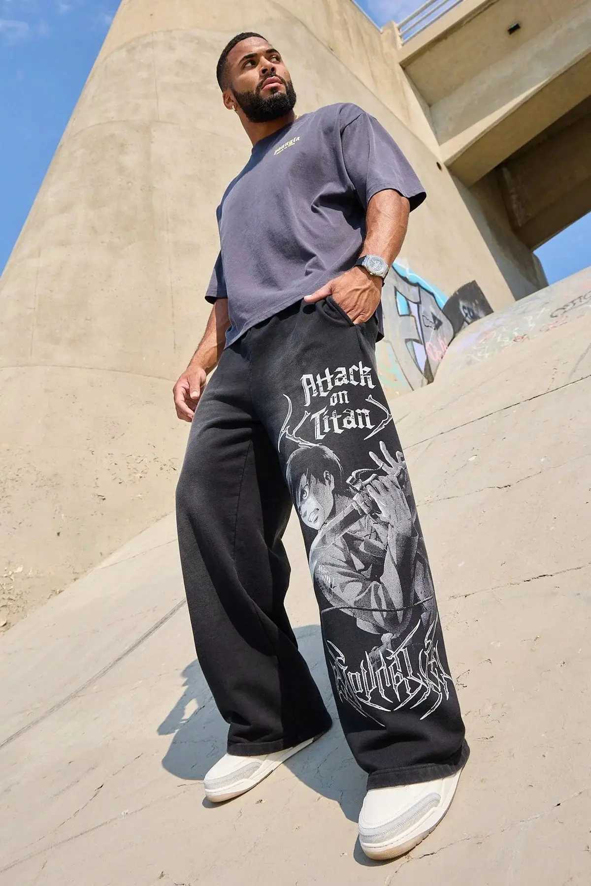 Young American trendy sweatpants collaboration anime joggers cotton terry print wide-leg casual pants hip-hop street pants X2503191